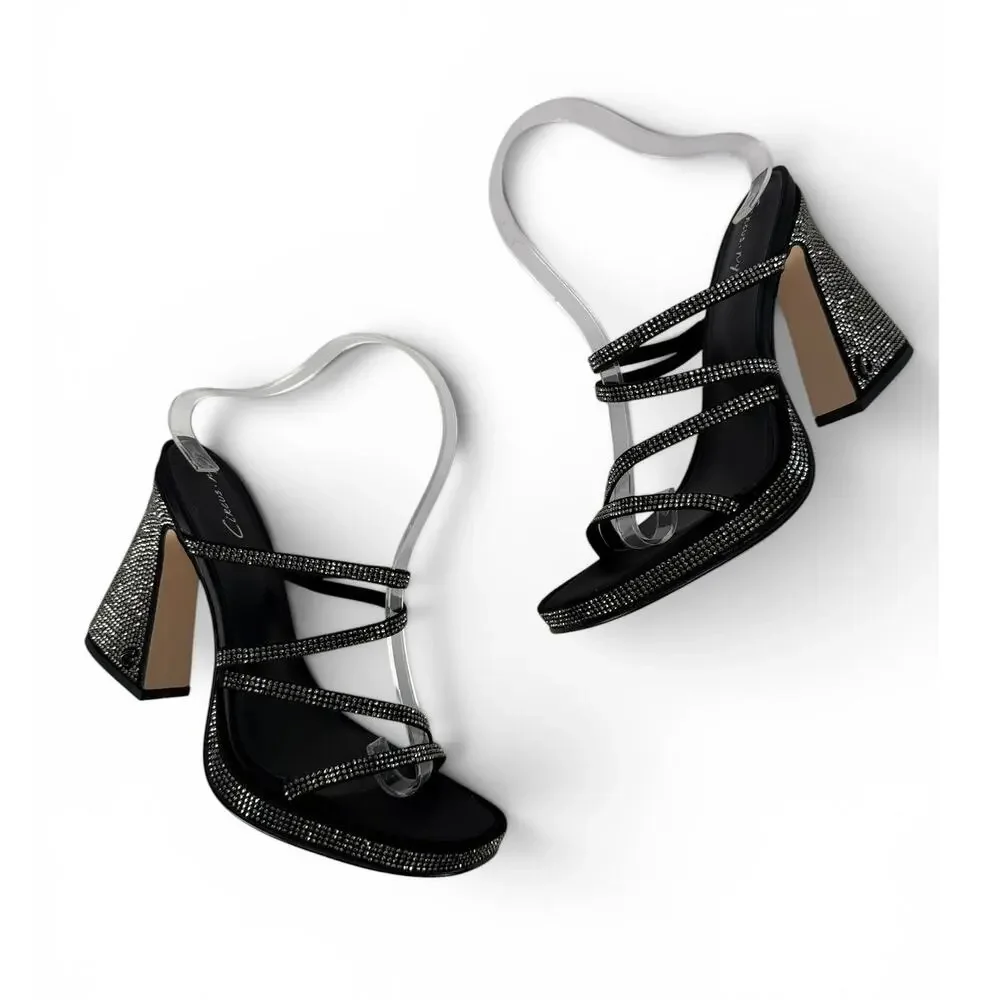 Circus by Sam Edelman Sandals‎ Womens 8 Black Strappy Rhinestones Block Heels